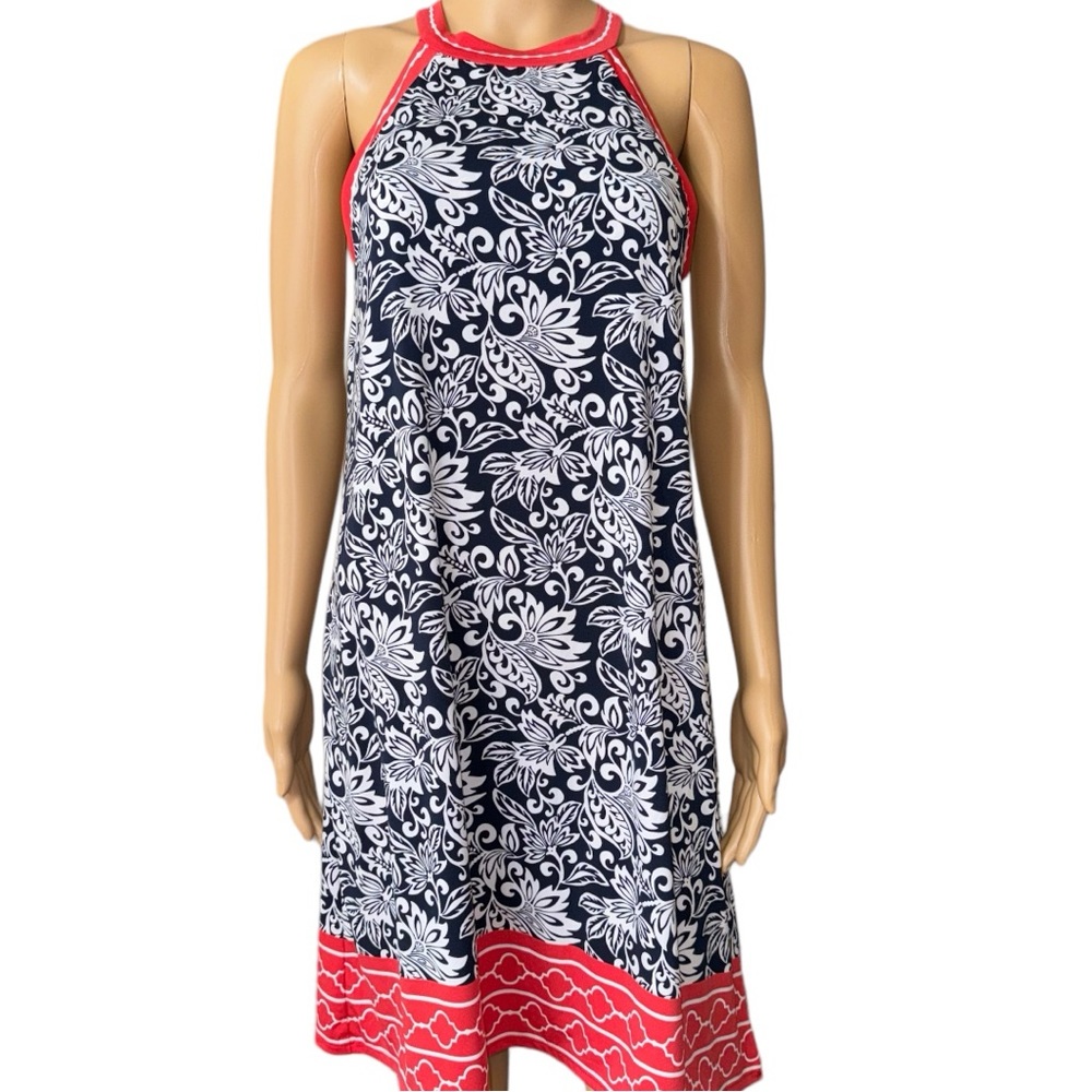 MAX STUDIO Navy Red Sleeveless Print Midi Summer Dress Size Medium Racer Back